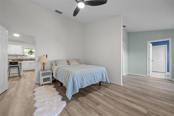 Bedroom, Interior, Recessed Lighting, Wood Texture Flooring
