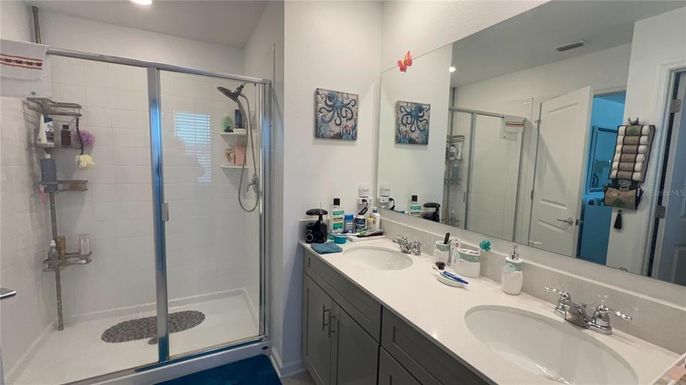 Bathroom, Dual Sink Vanities, Glass Shower, Interior, Recessed Lighting
