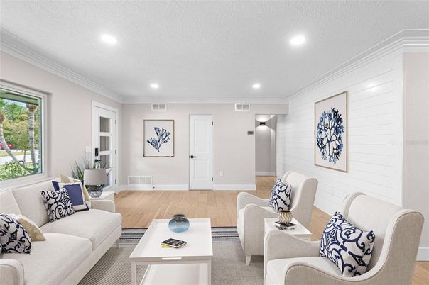Interior, Living room, Recessed Lighting, Wood Texture Flooring