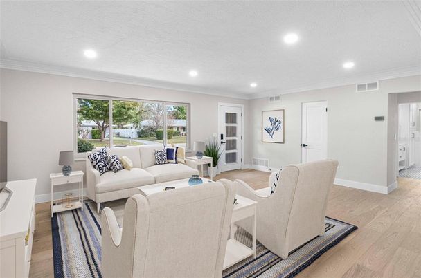 Interior, Living room, Recessed Lighting, Wood Texture Flooring