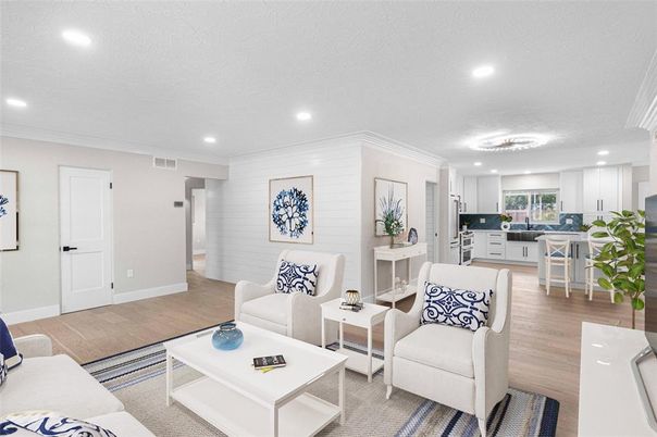 Fireplace, Interior, Kitchen, Living room, Recessed Lighting, Wood Texture Flooring