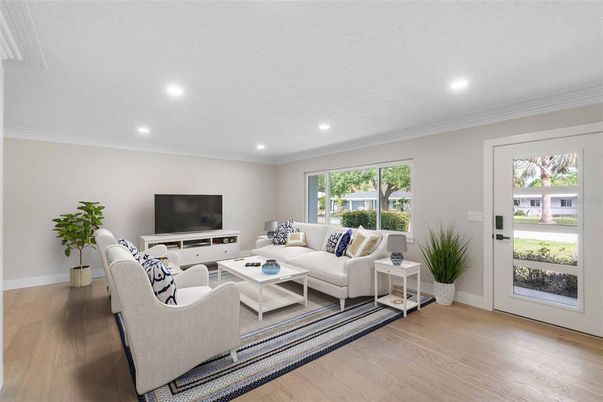 Interior, Living room, Recessed Lighting, Wood Texture Flooring