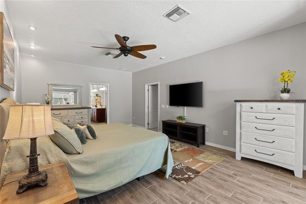 Bedroom, Interior, Recessed Lighting, Wood Texture Flooring