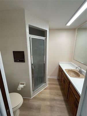 Bathroom, Dual Sink Vanities, Glass Shower, Interior, Wood Texture Flooring