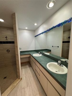 Bathroom, Dual Sink Vanities, Interior, Marble, Recessed Lighting