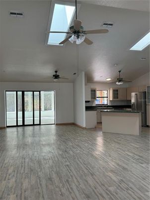 Empty room, Interior, Kitchen, Recessed Lighting, Wood Texture Flooring