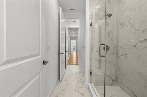 Bathroom, Glass Shower, Interior, Marble, Marble Walls, Recessed Lighting