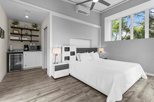 Bedroom, Interior, Recessed Lighting, Wood Texture Flooring