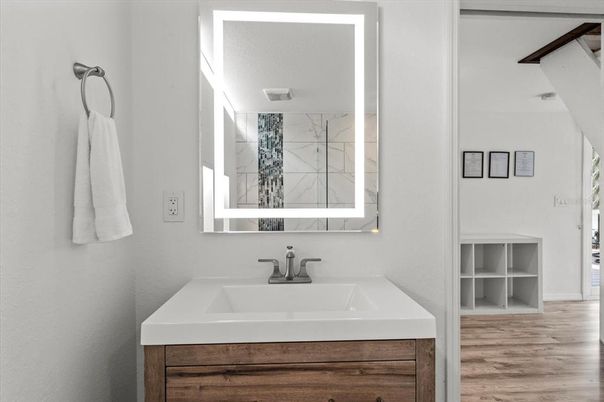 Bathroom, Interior, Marble Walls, Wood Texture Flooring