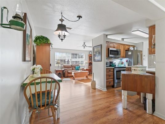 Interior, Kitchen, Living room, Pendant Lights, Stainless Steel Appliances, Wood Texture Flooring