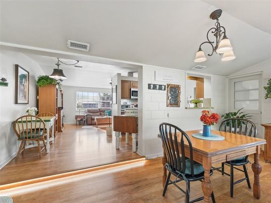 Dining room, Interior, Kitchen, Living room, Stainless Steel Appliances, Wood Texture Flooring