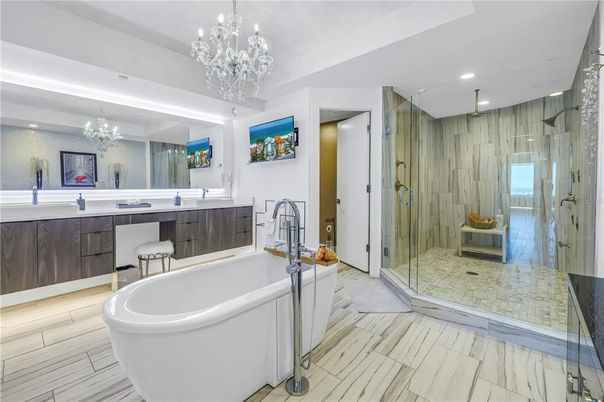 Bathroom, Chandelier, Free Standing Baths, Glass Shower, Interior, Marble, Recessed Lighting
