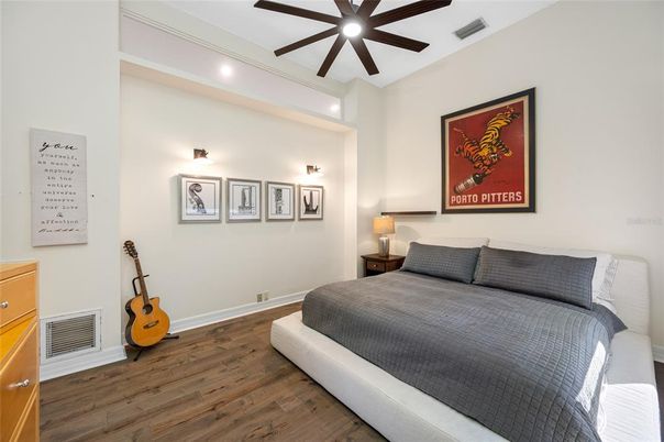 Bedroom, Interior, Recessed Lighting, Wood Texture Flooring