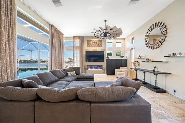 Fireplace, Interior, Living room, Pendant Lights, Water, Wood Texture Flooring