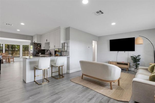Dining room, Interior, Kitchen, Living room, Recessed Lighting, Wood Texture Flooring