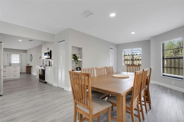 Dining room, Interior, Kitchen, Recessed Lighting, Stainless Steel Appliances, Wood Texture Flooring
