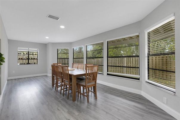 Dining room, Interior, Recessed Lighting, Wood Texture Flooring