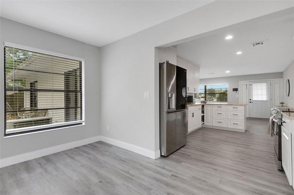 Interior, Kitchen, Recessed Lighting, Stainless Steel Appliances, Wood Texture Flooring