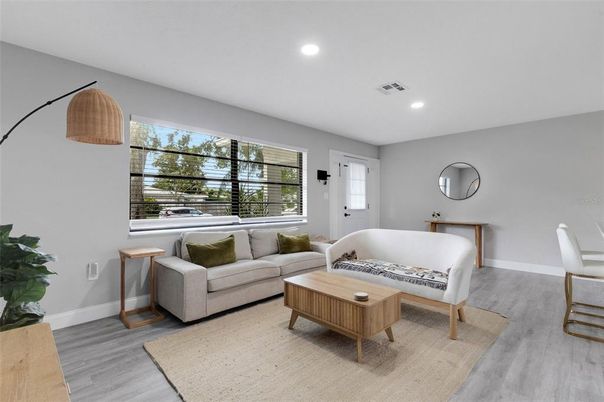 Interior, Living room, Recessed Lighting, Wood Texture Flooring
