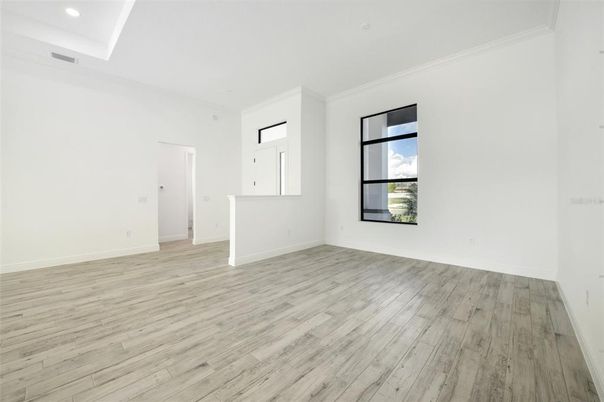Empty room, Interior, Recessed Lighting, Wood Texture Flooring