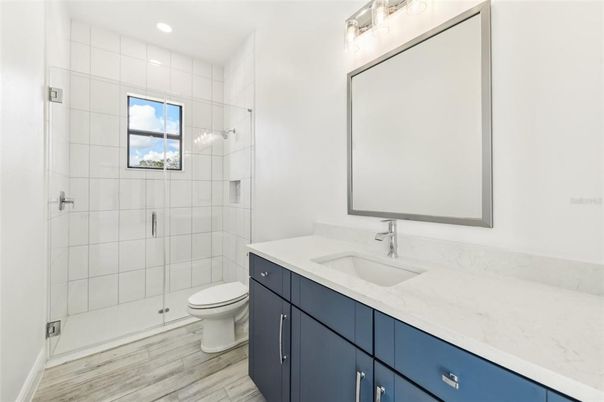 Bathroom, Glass Shower, Interior, Recessed Lighting, Wood Texture Flooring