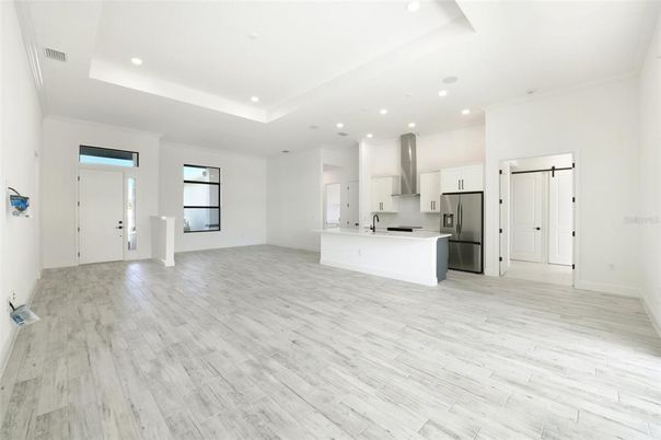 Empty room, Interior, Kitchen, Recessed Lighting, Wood Texture Flooring