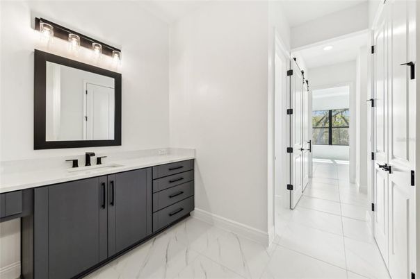 Bathroom, Dual Sink Vanities, Interior, Marble, Recessed Lighting