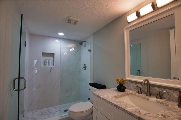 Bathroom, Glass Shower, Interior, Marble Walls, Recessed Lighting