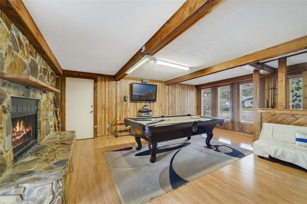 Billiard Table, Fireplace, Game Room, Interior, Wooden Beams, Wood Texture Flooring, Wooden Walls