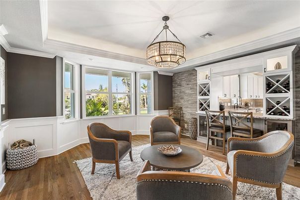 Chandelier, Dining room, Interior, Living room, Stone Walls, Wood Texture Flooring
