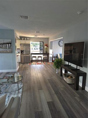 Dining room, Interior, Kitchen, Living room, Stainless Steel Appliances, Wood Texture Flooring