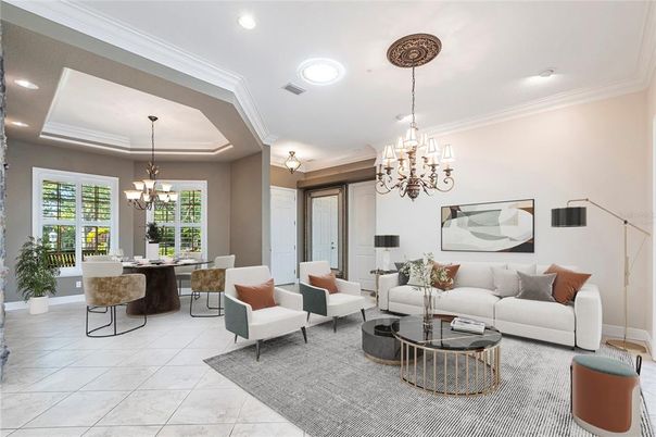 Chandelier, Dining room, Interior, Living room, Marble, Recessed Lighting