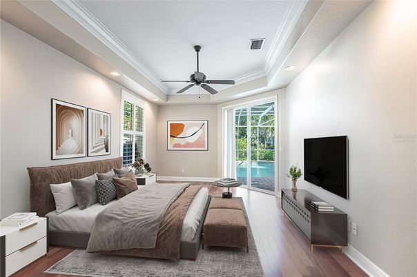Bedroom, Interior, Recessed Lighting, Wood Texture Flooring