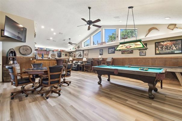 Billiard Table, Game Room, Home Office, Interior, Pendant Lights, Recessed Lighting, Wood Texture Flooring