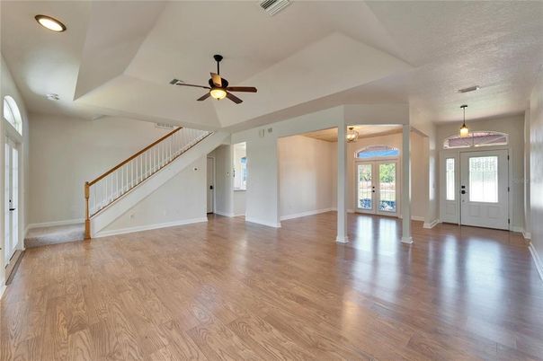 Empty room, Interior, Pendant Lights, Recessed Lighting, Wood Texture Flooring