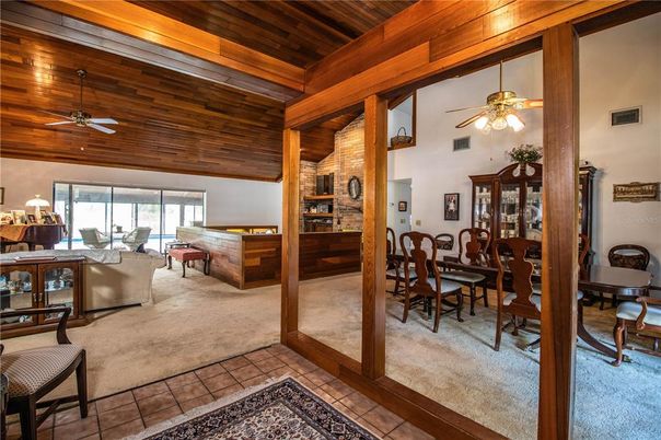 Dining room, Fireplace, Interior, Wooden Ceilings