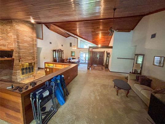 Dining room, Fireplace, Interior, Living room, Pendant Lights, Stone Walls, Wooden Beams, Wooden Ceilings