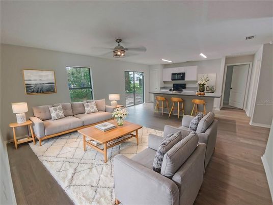 Interior, Kitchen, Living room, Recessed Lighting, Wood Texture Flooring