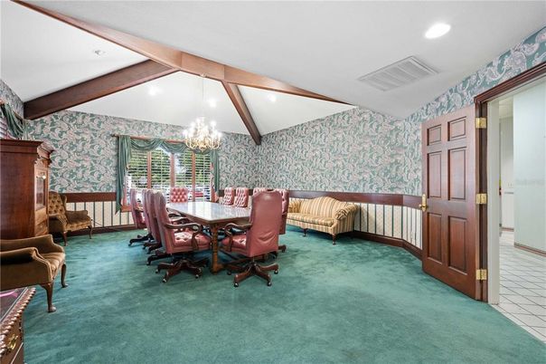 Chandelier, Home Office, Interior, Recessed Lighting, Wooden Beams