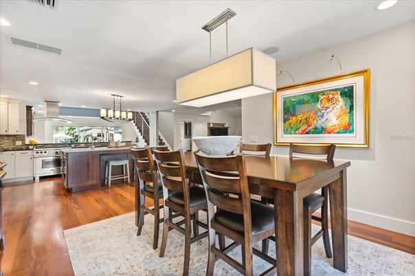 Chandelier, Dining room, Interior, Kitchen, Pendant Lights, Recessed Lighting, Wood Texture Flooring