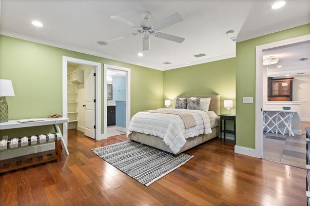 Bedroom, Interior, Recessed Lighting, Wood Texture Flooring
