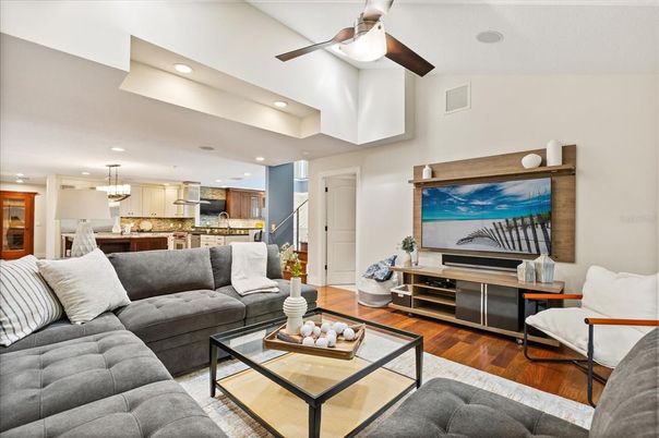 Interior, Kitchen, Living room, Pendant Lights, Recessed Lighting, Stainless Steel Appliances, Wood Texture Flooring