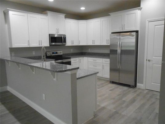 Interior, Kitchen, Recessed Lighting, Stainless Steel Appliances, Wood Texture Flooring