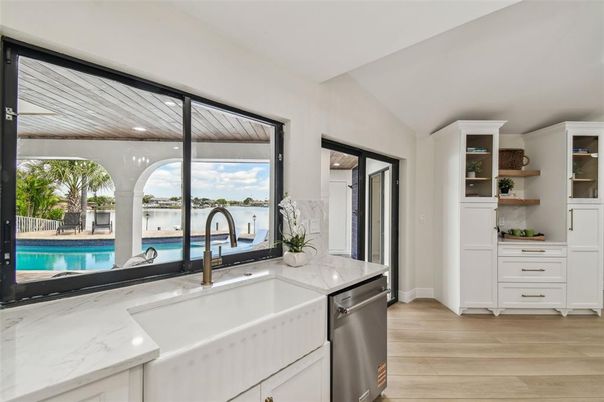 Interior, Kitchen, Recessed Lighting, Stainless Steel Appliances, Water, Wooden Ceilings, Wood Texture Flooring