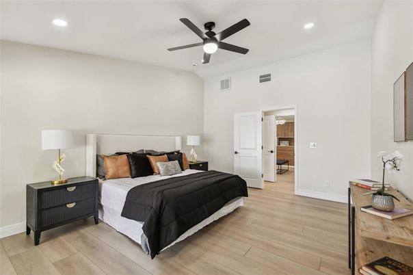 Bedroom, Interior, Recessed Lighting, Wood Texture Flooring