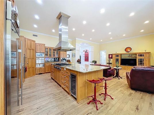 Interior, Kitchen, Living room, Recessed Lighting, Stainless Steel Appliances, Wood Texture Flooring