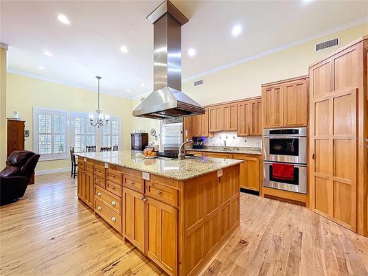 Chandelier, Interior, Kitchen, Pendant Lights, Recessed Lighting, Stainless Steel Appliances, Wood Texture Flooring