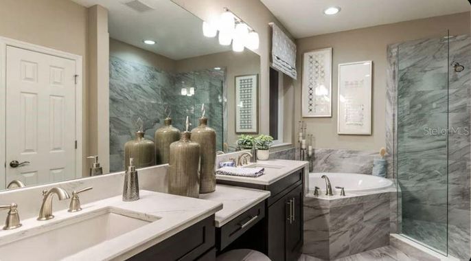 Bathroom, Dual Sink Vanities, Glass Shower, Interior, Marble, Marble Walls, Recessed Lighting