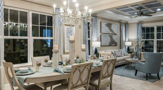 Chandelier, Dining room, Interior, Living room, Pendant Lights, Recessed Lighting, Wood Texture Flooring