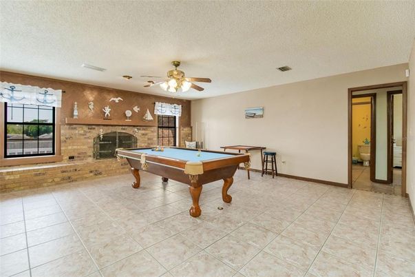 Billiard Table, Fireplace, Game Room, Interior, Stone Walls